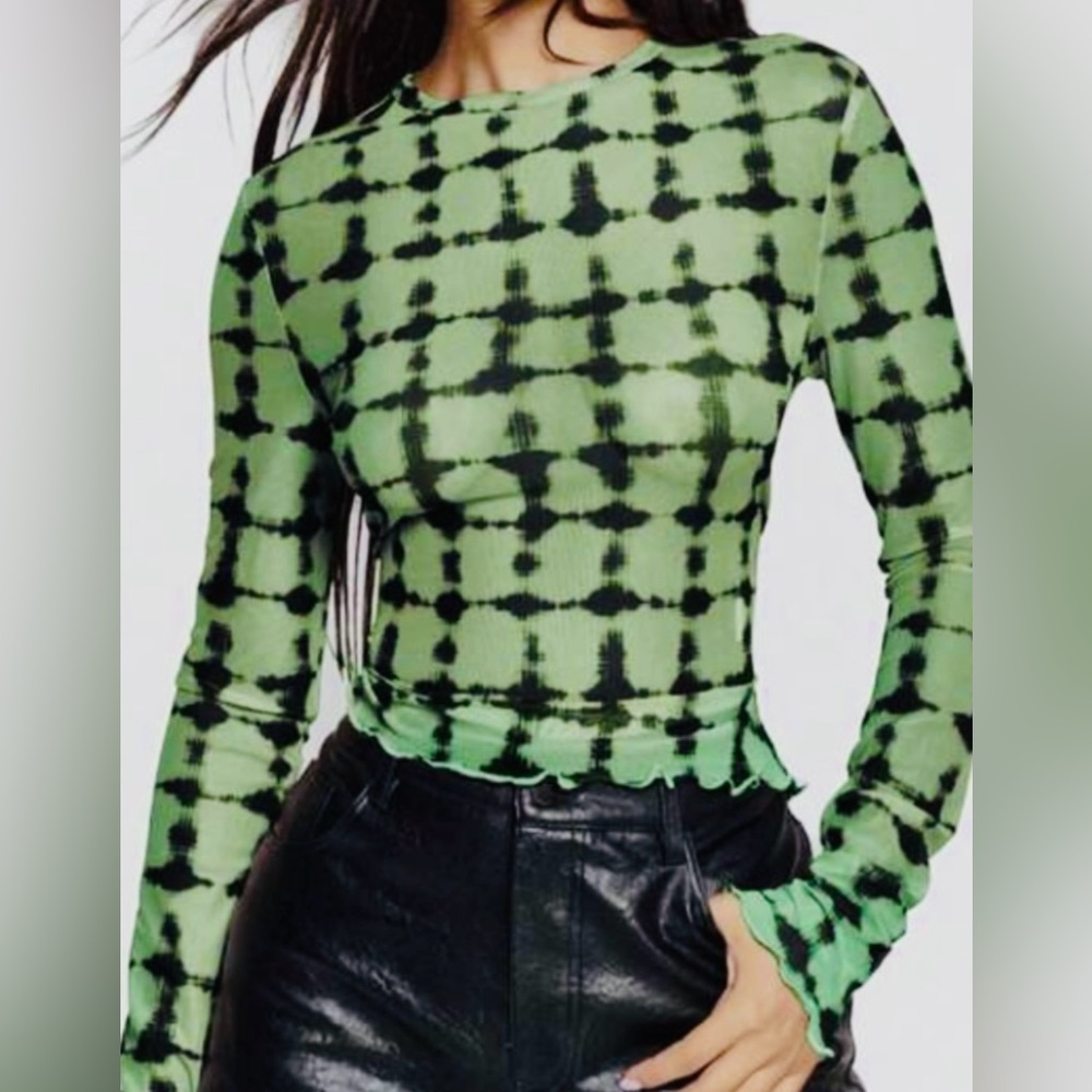 Green Mesh Long Sleeve Women's Top